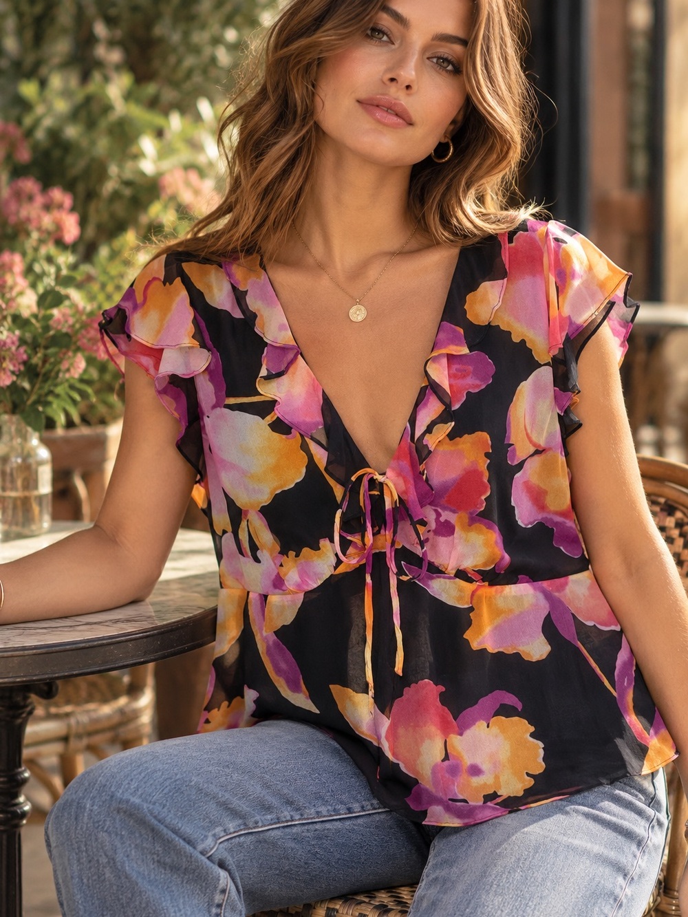 Romantic Babydoll Floral Ruffle Sleeve Blouse Rails S Black Pink *
